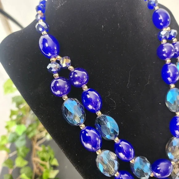 AB Blue Glass Bead Double Strand Necklace - Picture 4 of 9